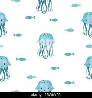 Seamless sea pattern with cute jellyfish. Vector watercolor marine baby print. Stock Vector