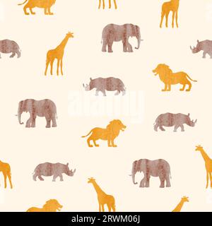 African animals silhouettes seamless pattern. Vector watercolor safari illustration Stock Vector