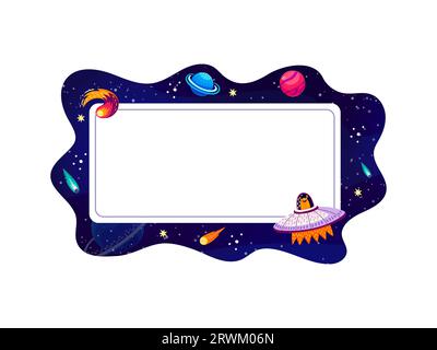 Cartoon frame with galaxy space planets and rockets in sky, vector copy space background. Galaxy spaceship with alien UFO, galactic planets, comets and asteroids in starry sky, cosmic frame border Stock Vector