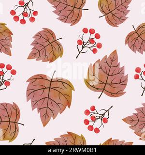 Autumn leaves and berries pattern. Vector fall background. Stock Vector