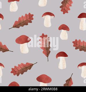 Seamless autumn pattern with watercolor boletus mushrooms and oak leaves. Vector background Stock Vector