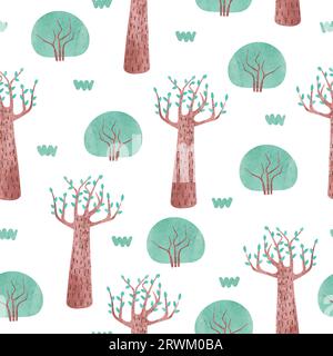 Seamless forest pattern with cartoon trees and bushes. Vector watercolor illustration Stock Vector