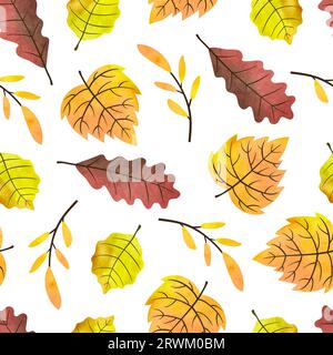 Seamless watercolor autumn leaves pattern. Vector fall background with colorful leaves. Stock Vector
