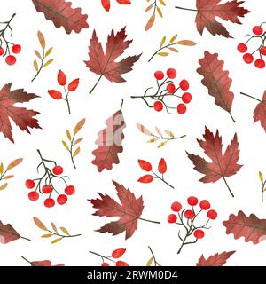 Autumn leaves and berries pattern. Vector watercolor fall season background. Stock Vector