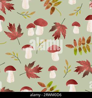 Seamless autumn pattern with watercolor mushrooms and leaves. Vector fall background Stock Vector