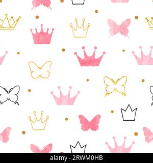 Little princess pattern with pink crowns and butterflies. Seamless vector illustration. Stock Vector