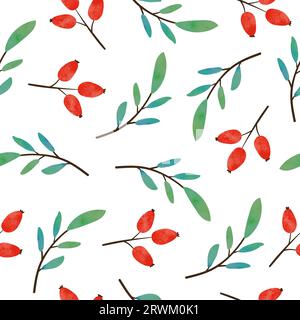 Autumn berry pattern with branches and leaves. Vector seamless fall illustration. Stock Vector