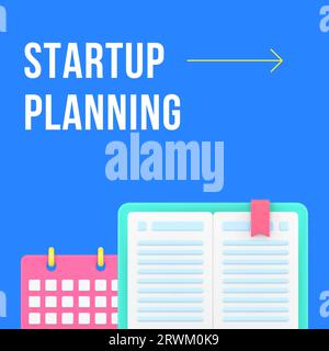 Startup planning business idea with calendar and planner social media post design template 3d realistic vector illustration. Efficiency and productivi Stock Vector