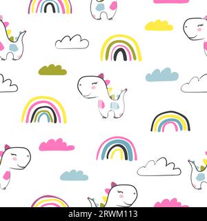 Seamless colorful childish pattern with rainbows and dinosaurs. Vector baby illustration Stock Vector