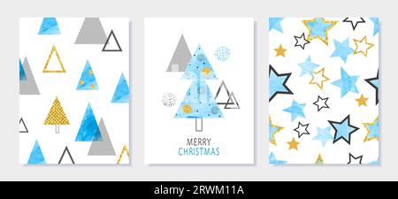 Merry Christmas cards design in retro style. Stylized vector watercolor glittering Christmas trees. Stock Vector