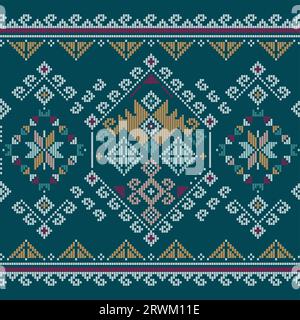 Filipino folk art Yakan cloth inspired vector seamless pattern, long vertical oriented folk art textile or fabric print design in turquoise Stock Vector
