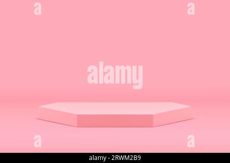 Pink 3d podium hexagonal pedestal for feminine cosmetic product presentation show vector illustration. Realistic elegant hexagon platform empty showca Stock Vector