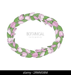 Hand drawn vector floral frame with pink flowers tulips, branch and leaves. Elegant logo template. Stock Vector