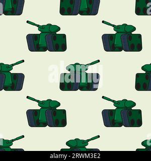 Seamless pattern with battle army track tank with green coloring and long barrel. Ornament for decoration and printing on fabric and wrapping paper. D Stock Vector