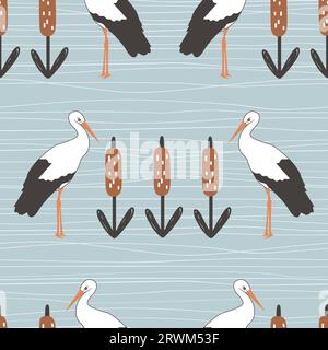 Storks and reeds seamless vector pattern. Stylized folk background Stock Vector