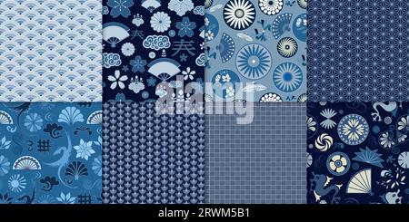 Set collection seamless pattern with traditional ornaments elements symbols of Japanese or Asian culture. Designs with waves flowers clouds dragons Stock Vector