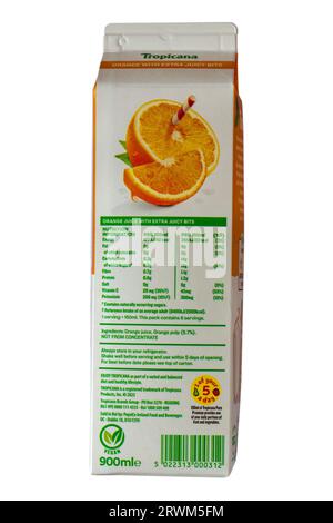 Nutrition information detail on carton of Tropicana Orange with extra juicy bits orange juice drink Stock Photo