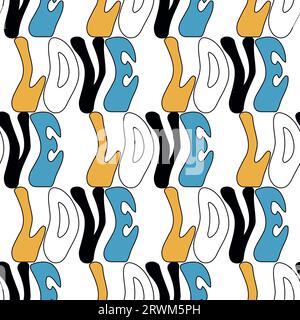 Vector seamless pattern -Y2k groovy quote LOVE lettering. Funky retro aesthetic prints for modern fabric design with melting organic shapes. Stock Vector