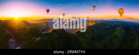 Aerial view panorama of Mount Bromo volcano (Gunung Bromo)in Bromo Tengger Semeru National Park, East Java, Indonesia. Stock Photo