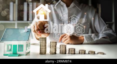 real estate investment concept, buy house, location, energy efficiency rating and property value, Real estate online on virtual screens Stock Photo