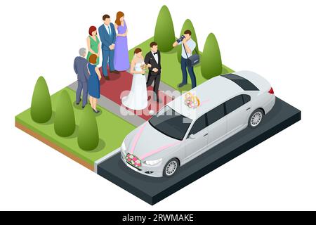 Wedding car decoration. Isometric limousine in a wedding day. The bride and groom near the wedding limousine. Stock Vector