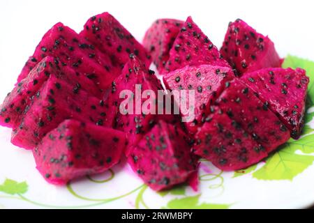 Fresh dragon fruit cubes in a plate Stock Photo