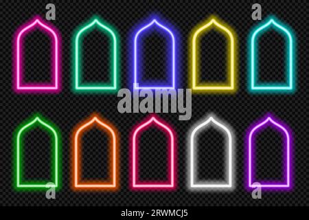 Neon shape Islamic door and window silhouette Glowing arabic arch. Collection of light portal in oriental style. Frames in Arabic Muslim design for Stock Vector