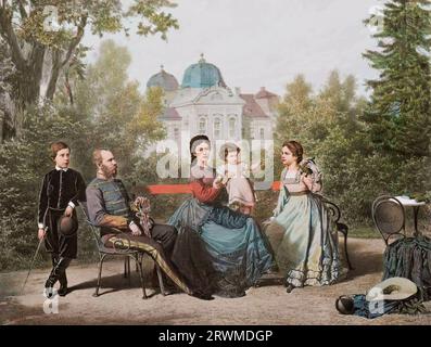 Austrian emperor Franz Joseph 1st and empress Elisabeth (Sissi) with their children - Franz Joseph I of Austria (1830-1916), Emperor of Austria and his wife Elisabeth of Austria (Sissi) (1837-1898) and with their children Gisele , Rodolphe and Marie Valerie (with Sissi) in Godollo castle, Budapest, circa 1869, engraving Stock Photo