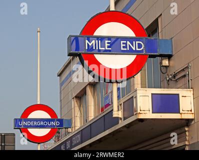 Mile End tube, London Underground station entrance, Hammersmith & City, District and Central lines, Mile End Rd, Bow, London, England, UK, E3 4DH Stock Photo