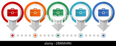 Briefcase, bag, case, business vector icon set, flat design infographic template, set pointer concept icons in 5 color options for webdesign and mobil Stock Vector