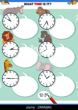 Cartoon illustrations of telling time educational activity with clock faces and happy animal characters Stock Vector