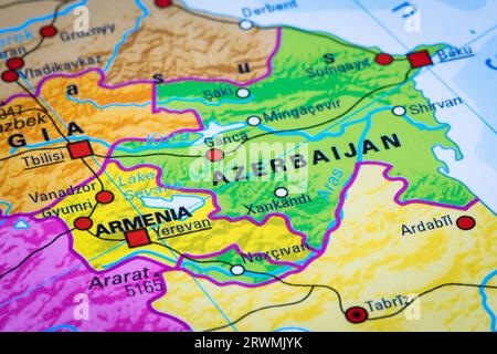 Map or cartography of Armenia and Azerbaijan with capitals Baku and Yerevan, Republic of Artsakh and Nagorno-Karabakh, Georgia and Caspian Sea Stock Photo
