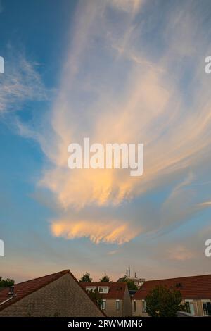 Special cloud in the upper atmosphere with precipitation streaks and mammatus at sunset. In meteorology, this cloud is known as cirrus spissatus mamma. Stock Photo