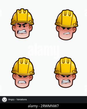 Icon set of a construction worker face with Angry emotional expression variations. All elements neatly on well described layers and groups. Stock Vector