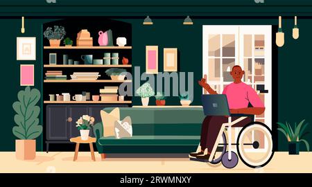 disabled man in wheelchair using laptop people with disabilities rehabilitation concept living room interior horizontal Stock Vector