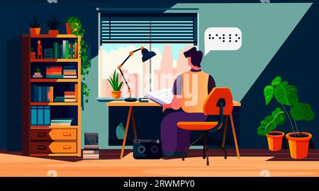 bling man reading with braille alphabet people with disabilities concept living room interior Stock Vector