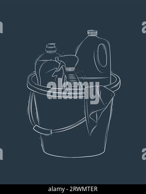 Cleaning supplies tools accessories bucket, rag, glass cleaner drawing in graphic style on blue background Stock Vector