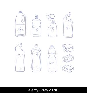 Set of cleaning products bleach, liquid soap, dish rinse aid, glass and toilet cleaner, washcloths drawing in graphic style on light background Stock Vector