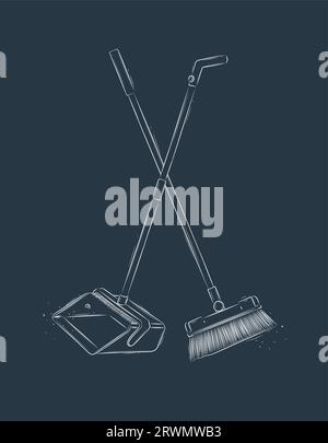 Flat broom and dustpan drawing in graphic style on blue background Stock Vector