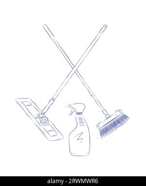 Flat mop, broom and glass cleaner drawing in graphic style on light background Stock Vector