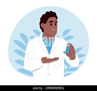 World Asthma Day. A young smiling black doctor holds an inhaler in his hands for inhalation. Children's doctor. Bronchial asthma. Allergy, asthmatic. Stock Vector