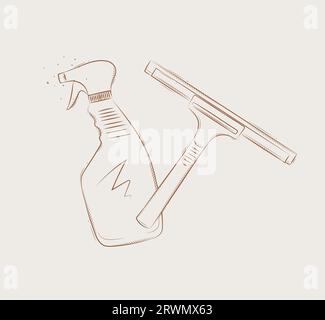 Glass scraper and cleaner drawing in graphic style on beige background Stock Vector