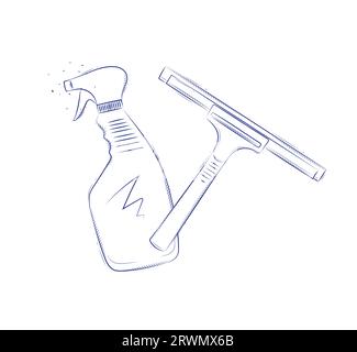 Glass scraper and cleaner drawing in graphic style on light background Stock Vector