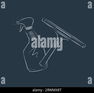 Glass scraper and cleaner drawing in graphic style on blue background Stock Vector