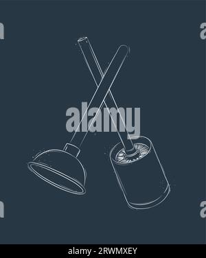 Cleaning tools toilet brush and plunger drawing in graphic style on blue background Stock Vector