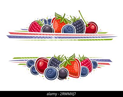 Vector border for Berries with copy space for text, decorative ad voucher with illustration of ripe sweet strawberry, sour cherry berry, forest bluebe Stock Vector