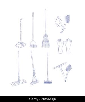 Floor cleaning tools accessories broom, dustpan, mop, gloves, scraper, brush drawing in graphic style on light background Stock Vector