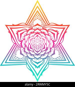 Vector lotus flower mandala in triangular pyramid rainbow colors, Magic symbol of alchemy, boho, astrology, Isolated design element for tattoo, T-shir Stock Vector