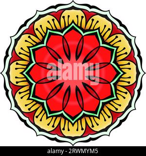 Round mandala lotus flower bright red and golden color, Isolated design element for print on T-shirt, textile, tattoo or any other decoration, Vector Stock Vector