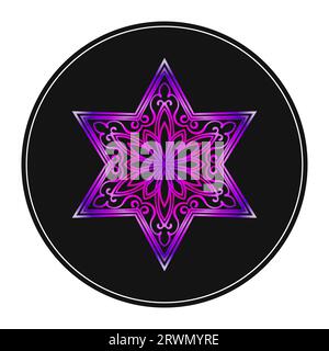 Six pointed star zentangle, Vivid purple color mandala design element on black Stock Vector